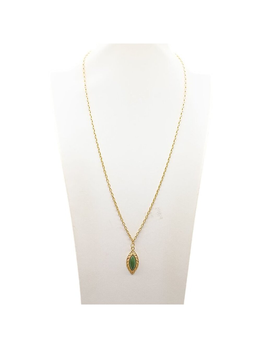 Vintage Gold Pendant Necklace With Green Marquise Stone & Filigree Design Long